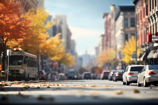 American downtown street view at sunny autumn day. Neural network generated image. Not based on any actual scene.