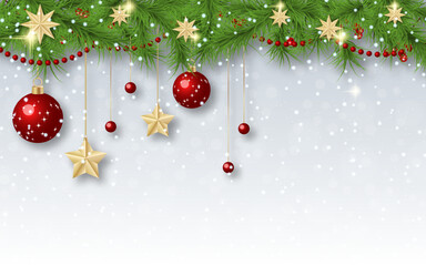 Christmas and New Year winter style vector background with stars, snowflakes and winter decor. Design template for banner, horizontal flyer, invitation card, poster, coupon, voucher