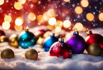 Fototapeta premium ornaments are shown in the snow surrounded by christmas lights and boke lights