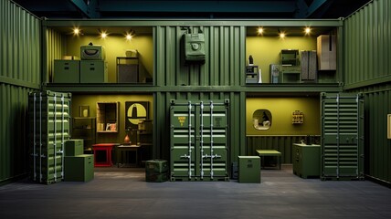a cargo container, painted in a distinctive olive green shade, against an urban backdrop.