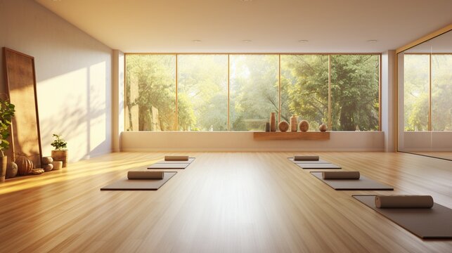 A serene yoga studio with bamboo flooring, tranquil artwork, and holistic ambiance.