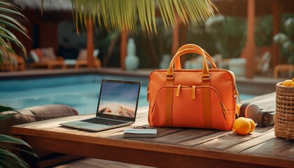 Laptop and handbag are sitting on a wooden table next to a swimming pool, AI-generated. - obrazy, fototapety, plakaty