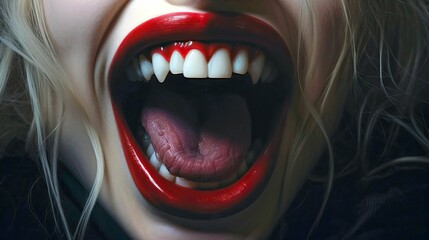 AI generated illustration of a female vampire's mouth with red lipstick - obrazy, fototapety, plakaty