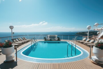 Sunny day on a cruise ship enjoying the sea view and luxury outdoor pool. - obrazy, fototapety, plakaty