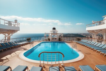 A luxury cruise ship with a luxurious large swimming pool, a comfortable and extravagant vacation. - obrazy, fototapety, plakaty