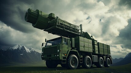air defense radars and locators, military mobile antiaircraft systems, highlighting the green color and the backdrop of beautiful clouds.