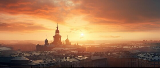 Naklejka premium Breathtaking view of a city skyline at sunset, AI-generated.