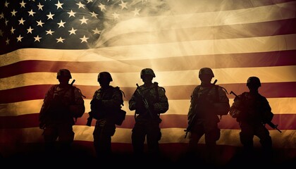 Silhouetted US Military Men and American Flag - obrazy, fototapety, plakaty