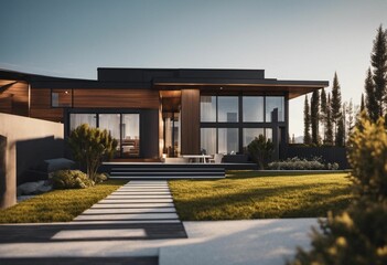 Modern, two-story house is framed against a bright blue sky, AI-generated.
