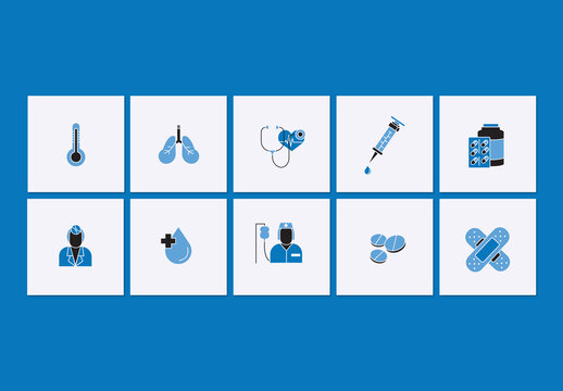 Blue Flat Design Medical Icon Set
