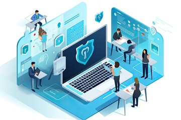 Isometric cyber security concept with business people working on laptop and protecting personal information, illustration, cyber security, safe guard of personal information - obrazy, fototapety, plakaty