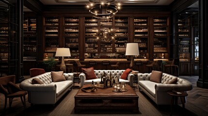 A sophisticated wine bar with a wide selection of bottles and cozy seating areas. - obrazy, fototapety, plakaty