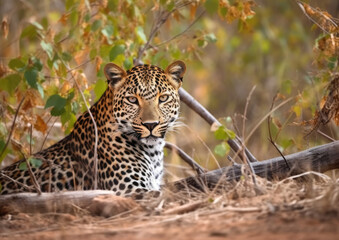 Closeup of a Beautiful Leopard big cat lying in bush of South Africa. Looking at camera