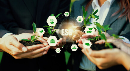 Business partnership leader gather to nurture young seedling plant with ESG icons, symbolizing...
