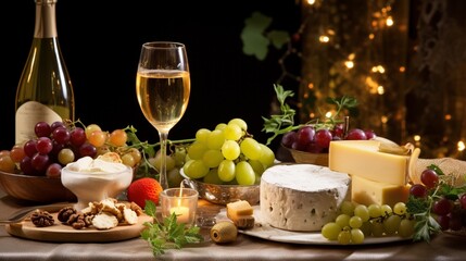 Obraz na płótnie Canvas A sparkling glass of white wine chilling in an ice bucket, surrounded by a selection of gourmet cheeses and fresh grapes, a sophisticated Christmas appetizer.