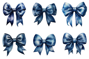 A set of different beautiful dark blue bows. Paints. Watercolor. Generative AI