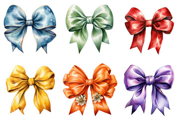 Set of various colorful bows. Watercolor drawing of bows on a white background, red, yellow, green.