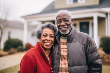 Portrait of a happy senior couple in front of their house