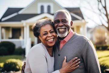 Portrait of a happy senior couple in front of their house