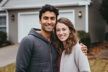 Naklejka premium Portrait of a happy young couple in front of a house