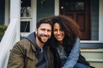 Portrait of a happy young couple in front of a house