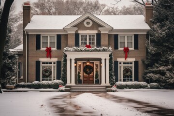 Front view of a house decorated for the Christmas and new year holidays