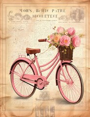 Bicycle cute baby old paper, vintage junk journal digital paper