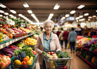Elderly woman smiling while shopping at the supermarket