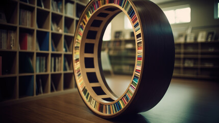 Round bookshelf in public library.