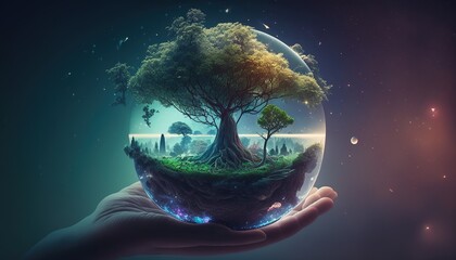 tree in glass ball in ecology  hand Environment concept