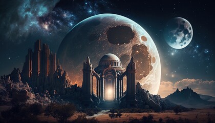 castle fantastic fantasy in planet to full moon at night  - obrazy, fototapety, plakaty
