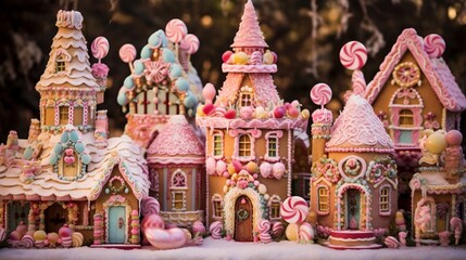A stack of whimsical gingerbread houses, each unique and decorated with candy and icing