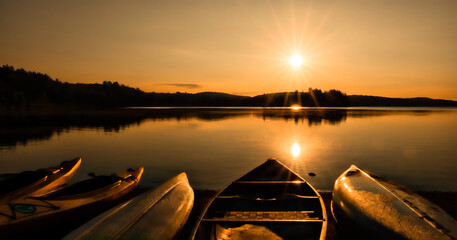Golden Sunrise Over Northern Ontario Park: Serenity On A Two River Lake In Canada.  Travel...