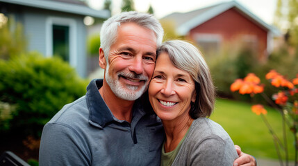 Fototapeta premium Portrait of a happy mature white couple in their home outdoors.
