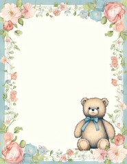 Lined Paper with a cute teddy bear cute baby old paper, vintage junk journal digital paper