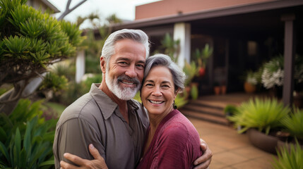 Fototapeta premium Portrait of a happy mature white couple in their home outdoors.