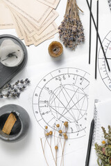 Astrology. Astrologer calculates natal chart and makes a forecast of fate Tarot cards, Fortune telling on tarot cards magic crystal, occultism, Esoteric background. Fortune telling,tarot predictions