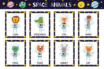 Space animals flashcards collection with cute astronaut characters. Cosmic animals flash cards for practicing reading skills. Learn space vocabulary for school and preschool. Vector illustration
