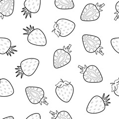 Doodle strawberry black and white seamless pattern. Fresh fruit background in outline. Great for coloring page, fabric, and packaging. Vector illustration