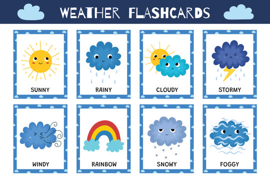 Cute weather flashcards collection. Flash cards set with funny sun and cloud characters. Learning forecast vocabulary for school and preschool. Vector illustration