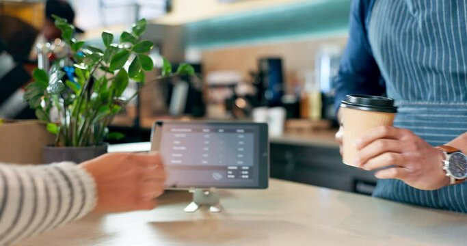 Customer, barista and pos machine with credit card for payment, transaction or checkout at cafe. Closeup of person, hands and paying with debit for coffee, tea or beverage at restaurant or cafeteria