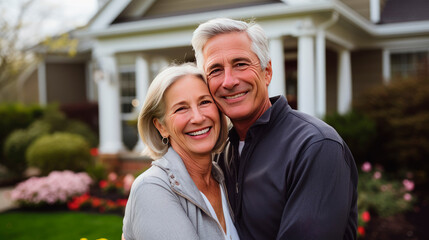 Fototapeta premium Portrait of a happy mature white couple in their home outdoors.
