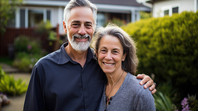 Portrait of a happy mature white couple in their home outdoors.
