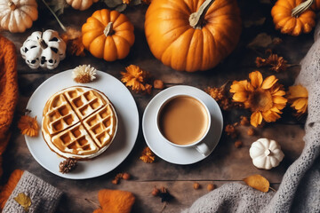 top view, still life of a cup of hot latte and waffers and pumpkins on an old wooden table against the background of beautiful autumn nature, decoration for Halloween