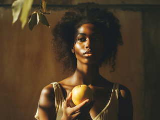 Portrait of natural beautiful young black woman holding an apple. - Powered by Adobe