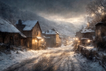 a small village against the background of hard nature in winter, blizzard, old wooden huts, dramatic sky and snowy mountains, beautiful landscape - Powered by Adobe