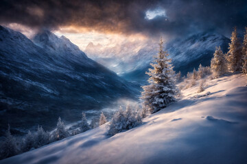 Christmas tree in a winter forest, snow covered mountains, beautiful nature at sunset, dark dramatic sky