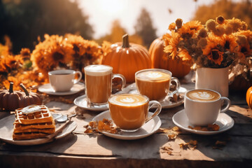 still life of a cup of hot latte and waffers and pumpkins on an old wooden table against the background of beautiful autumn nature at sunset, decoration for Halloween