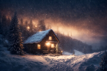 old wooden house decorated with lights and Christmas tree in winter forest, snow covered trees and mountains, cloudy sky at night, blizzard - obrazy, fototapety, plakaty
