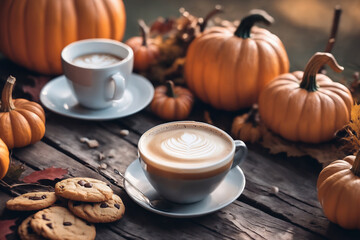 still life of a cup of hot latte and cookies and pumpkins on an old wooden table against the background of beautiful autumn nature at sunset, decoration for Halloween